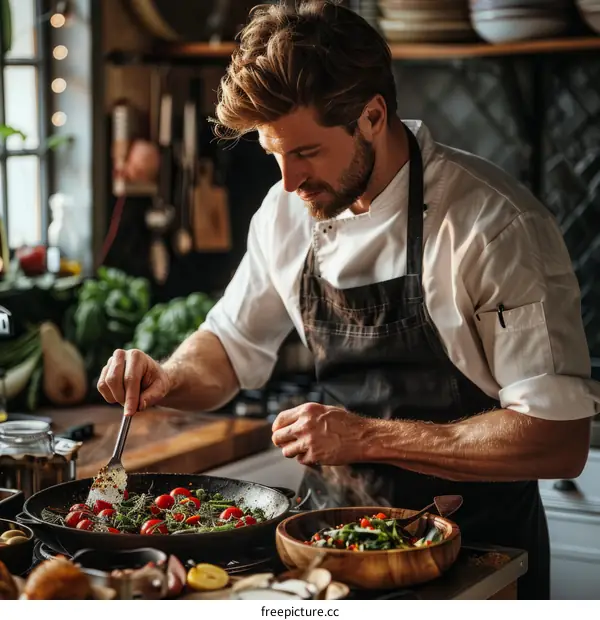 Focused male chef cooking in the kitchen