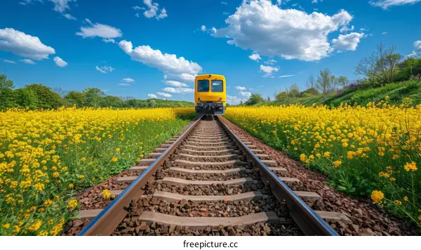 Yellow train passing through a field of yellow flowers