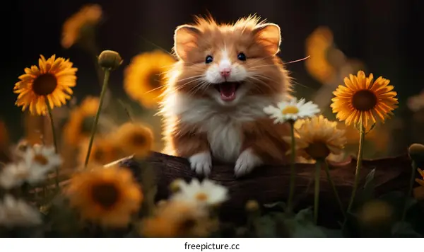 Small and Cute Hamster Peeking from Flower Field