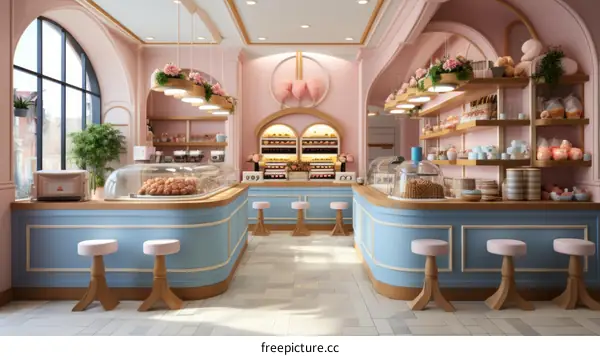 Pink and blue pastel bakery interior