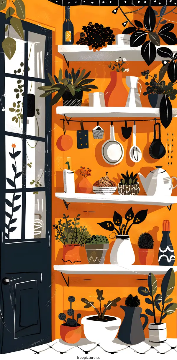 Orange Wall Kitchen Interior With Potted Plants