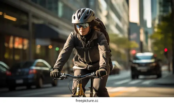 A cyclist rides through the city streets