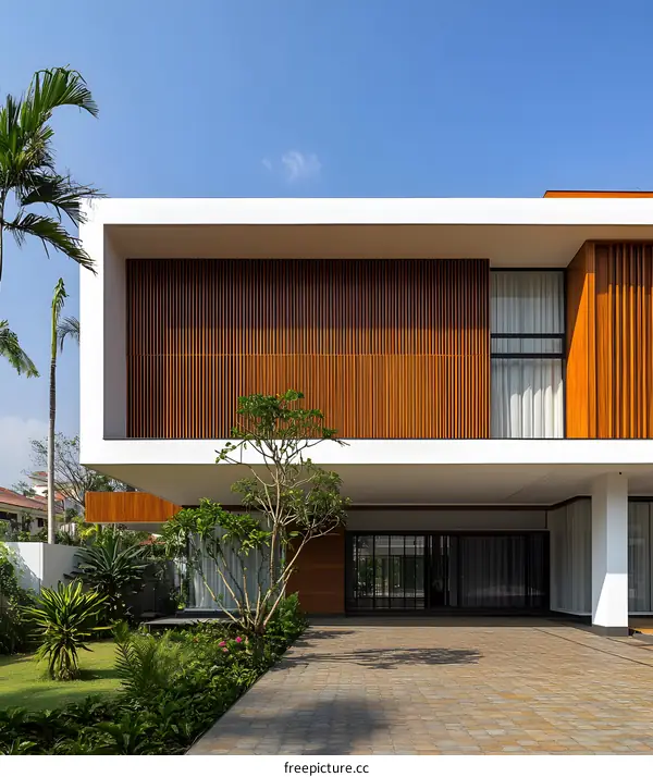 Modern Minimalist House with Wooden Facade and Lush Greenery