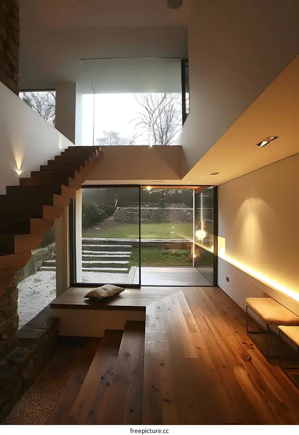 Modern Interior Design with Wooden Stairs and Patio