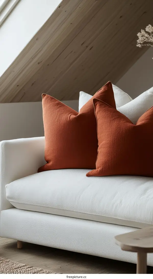 Modern White Sofa with Rusty Orange Cushions