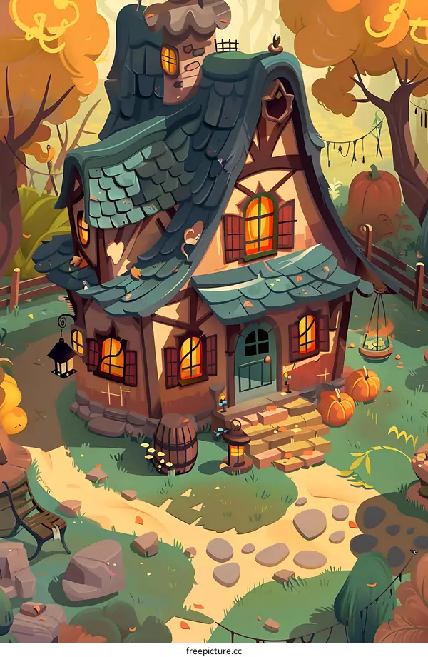 Cute Cartoon Style Illustration of a Cottage House in the Woods
