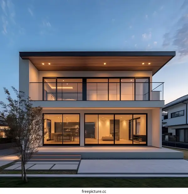 Modern Two Story House with Large Windows and Balcony
