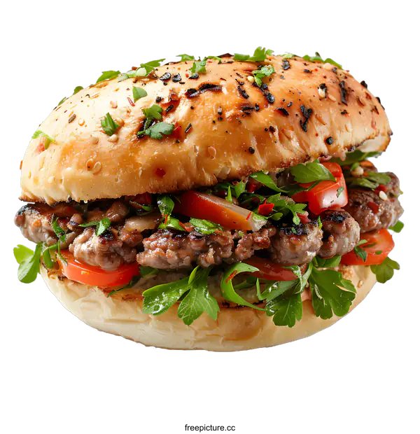 [Transparent Background PNG]Delicious grilled burger with beef patty and vegetables