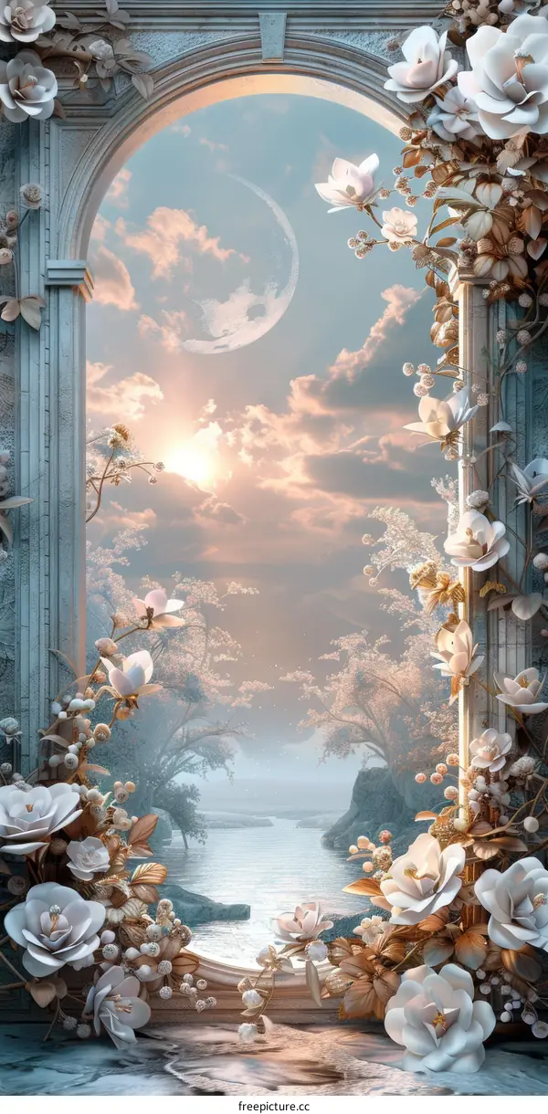 Enchanted Forest Landscape with Arch and Flowers