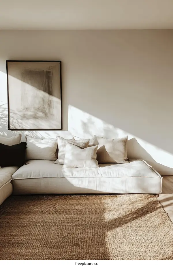 Minimalist Beige Living Room with Natural Rug