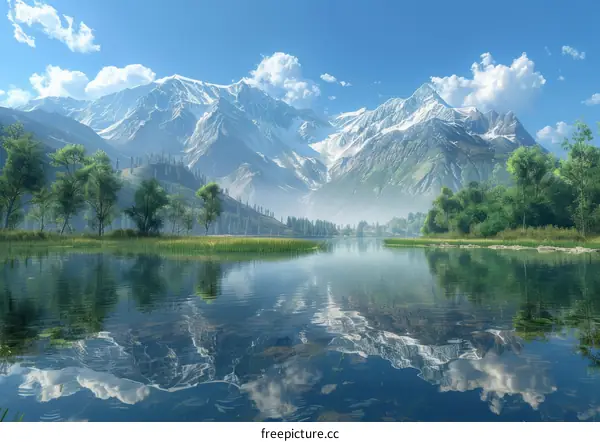 Mountains and lake landscape with green trees and blue sky