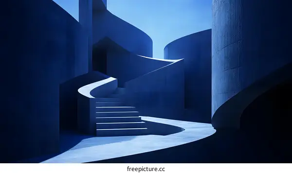 Abstract Blue Concrete Building with Curved Staircase