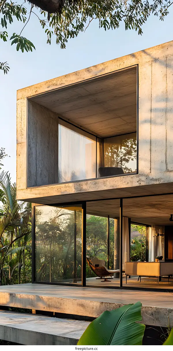 Modern Concrete House with Large Windows and Terrace