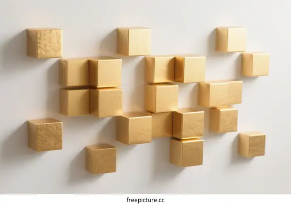 Golden Geometric Cubes Arranged in Abstract Wall Art Installation