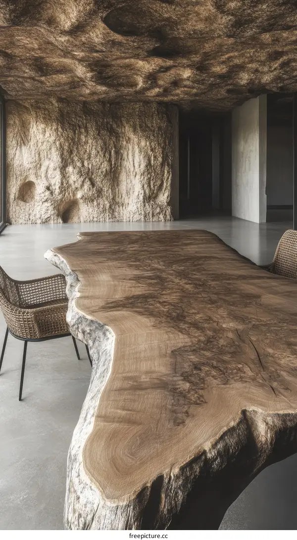 Rustic Modern Dining Table in a Cave-like Interior