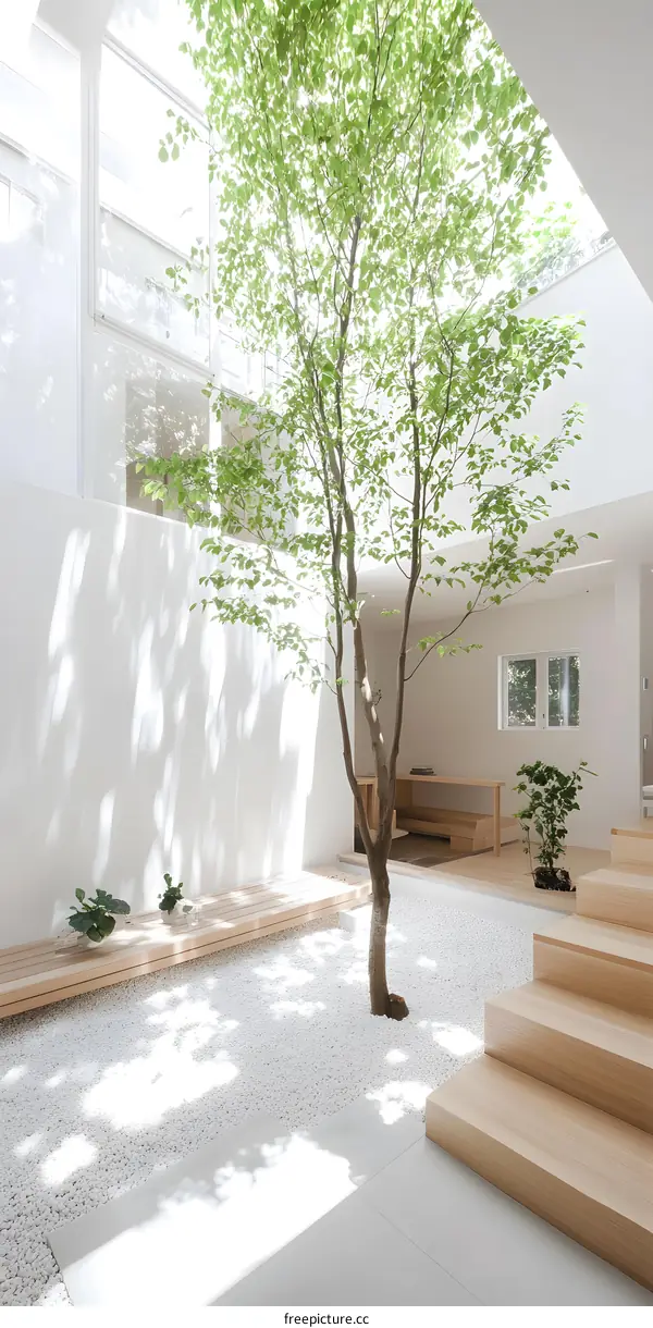 Minimalist Modern Interior Design With White Gravel And Tree