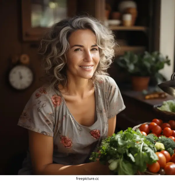 Smiling Woman with Curly Gray Hair in a Rustic Kitchen