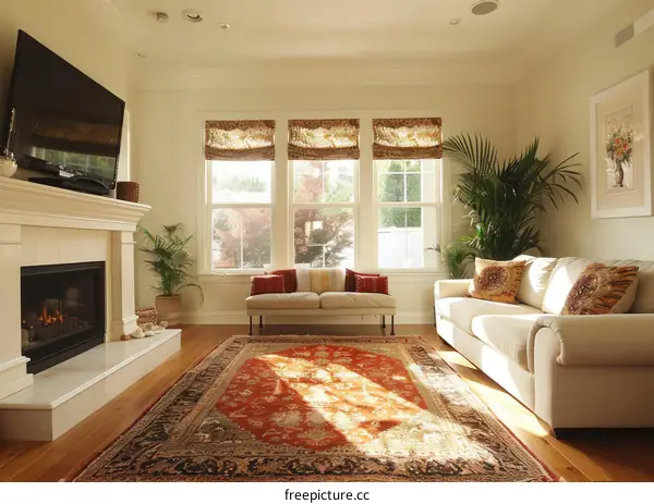 A spacious and luxurious living room with high vaulted ceilings and a large fireplace