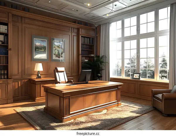 Luxury wooden office with large windows