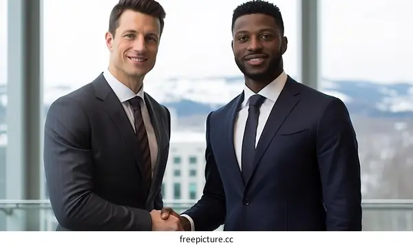 Two businessmen shaking hands in a modern office building