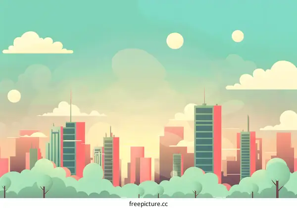 Cartoon Illustration of a Modern City Skyline at Sunset