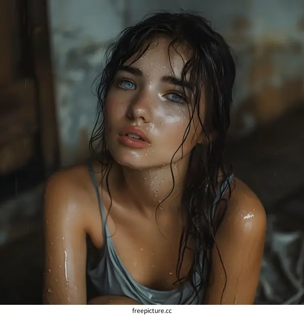 Portrait of a young woman with wet hair and blue eyes