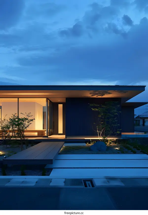 Modern Japanese House Entrance with Deck and Landscape