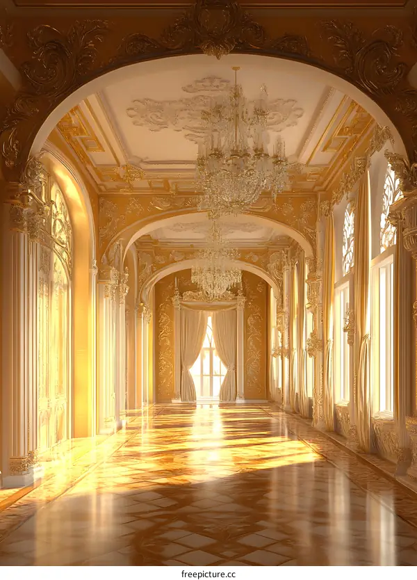 Golden Hallway With Ornate Details and Sunbeams