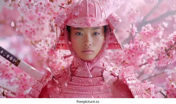 A woman in a pink samurai armor stands in a field of cherry blossoms.