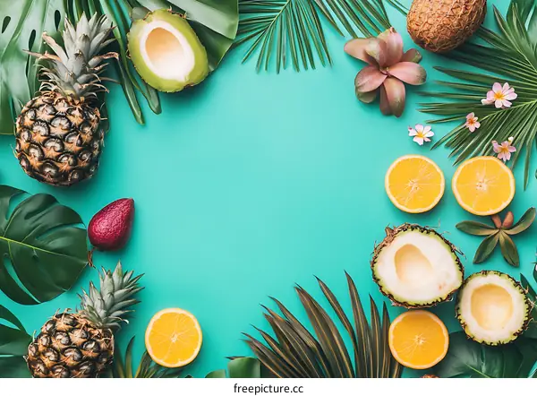 Tropical Fruits and Green Leaves on Blue Background