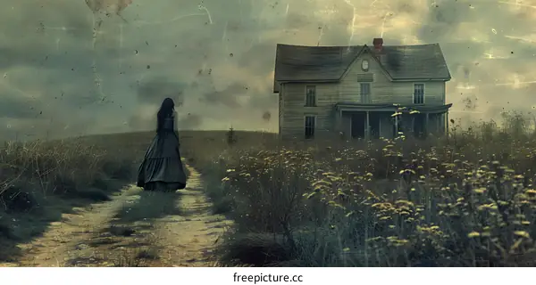 Gothic lady walking towards an old abandoned house
