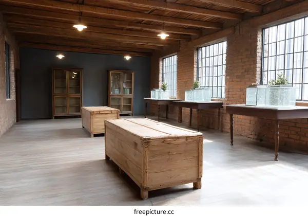 Industrial Style Warehouse Interior with Wooden Crates