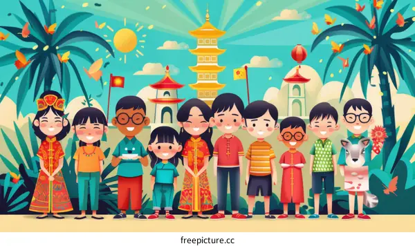 A group of diverse children in front of a Chinese-style building