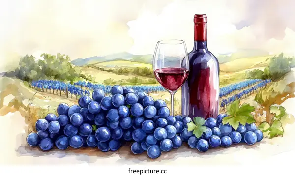 Watercolor Painting of Grapes, Wine Bottle, and Wineglass in Vineyard