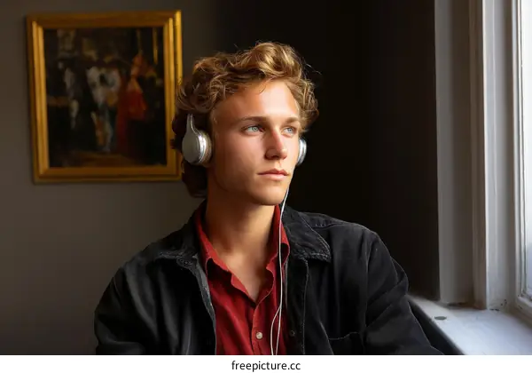 Young Man Listening to Music in a Gallery