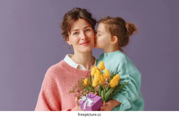 Mother and Daughter Kissing with Flowers and Gift