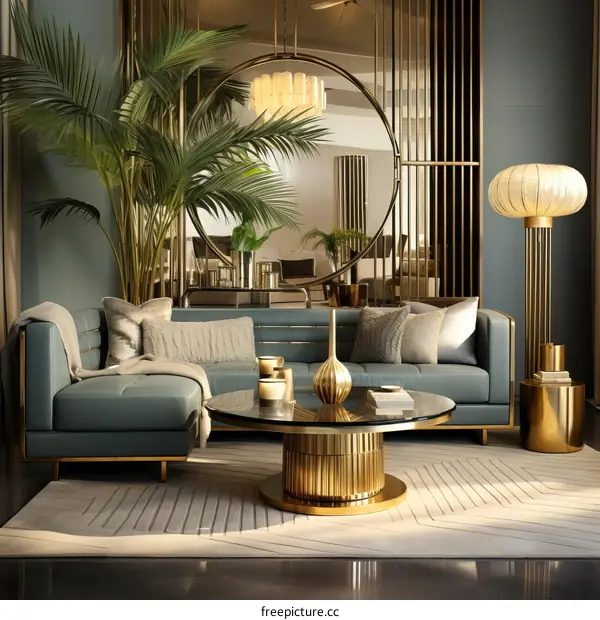 Modern Living Room with Green Sofa and Golden Coffee Table