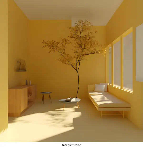 Minimalist Yellow Living Room Interior Design With Tree