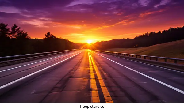 The setting sun illuminates an empty asphalt road
