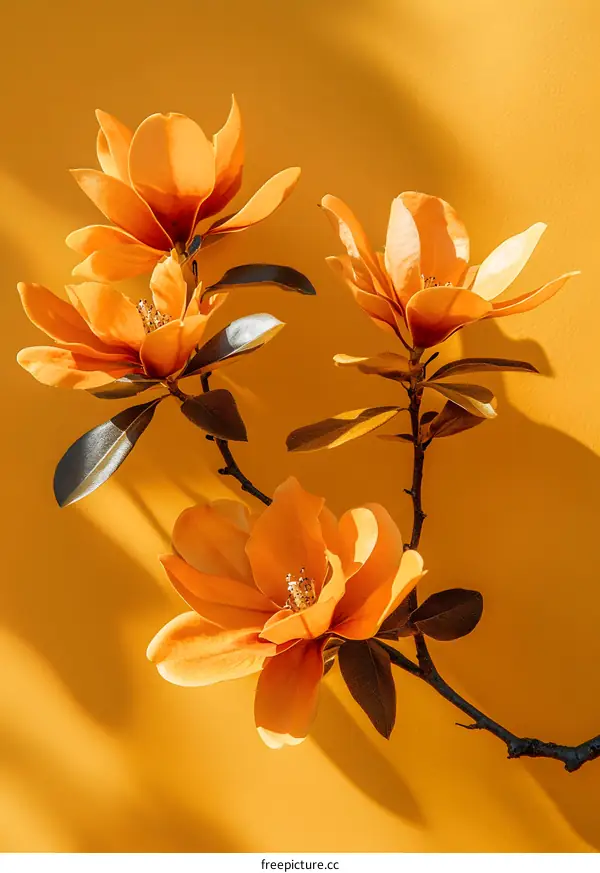 Orange Magnolia Flowers on Yellow Background