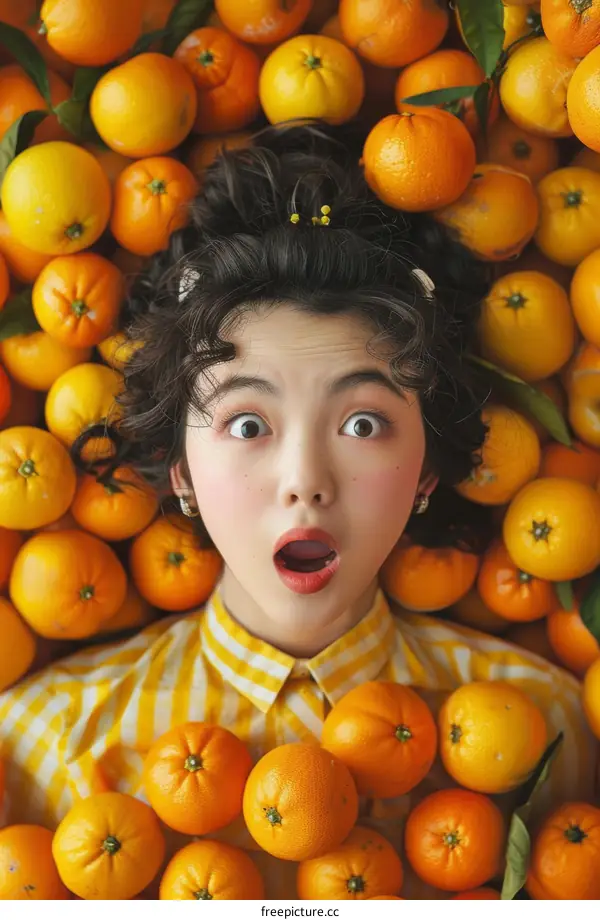 Surprised woman surrounded by oranges