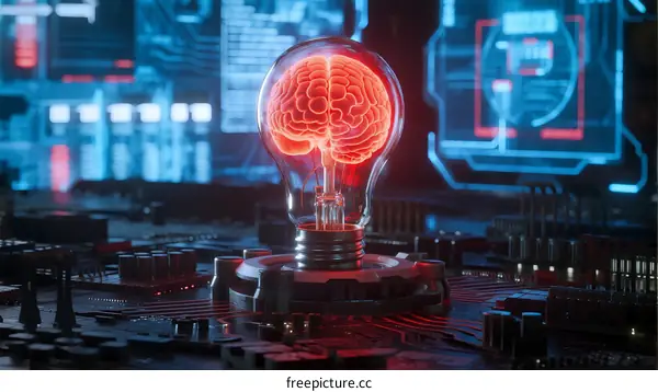 Light Bulb with Human Brain Inside and Circuit Board Background