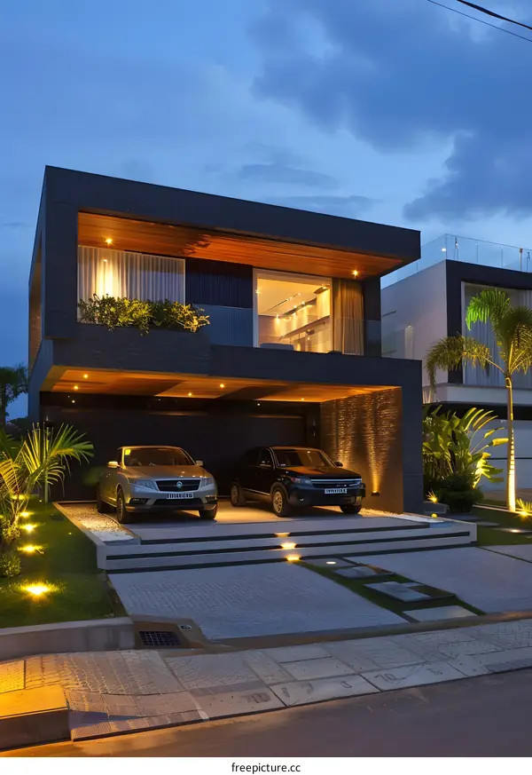 Modern House with Stone Facade and Two Cars in Garage