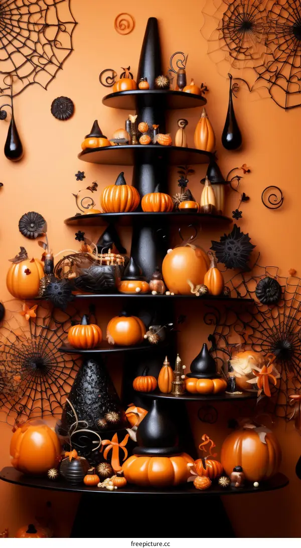A Haunting Display of Pumpkins and Witch Hats