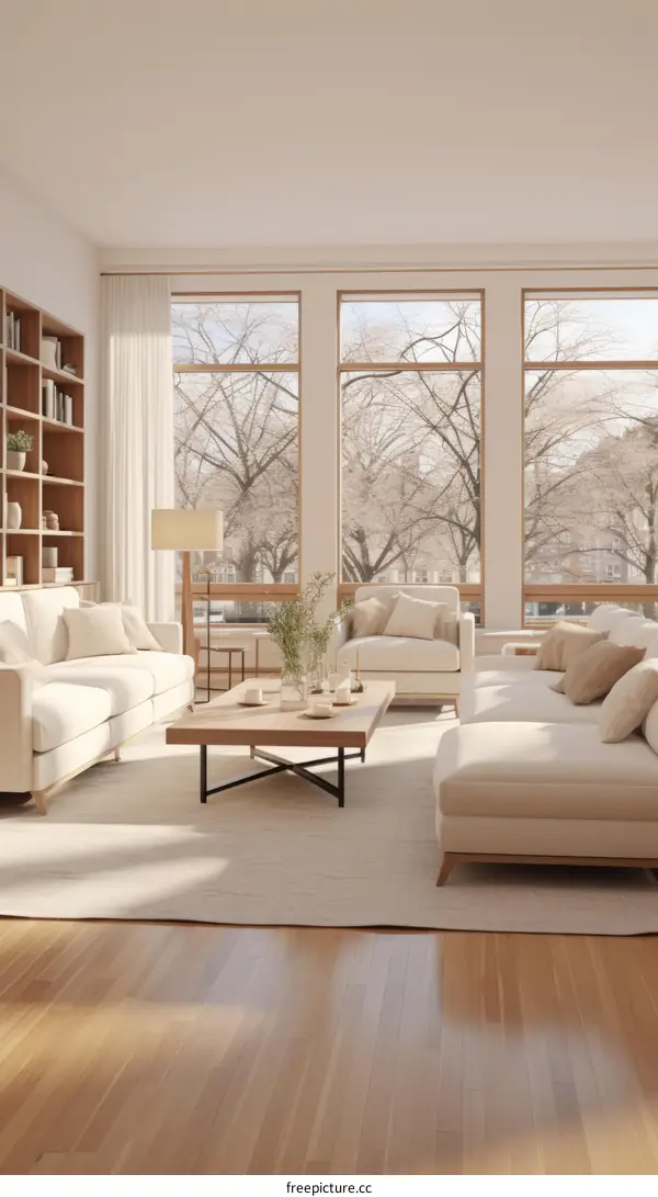 Minimalist Living Room with Large Windows and White Furniture