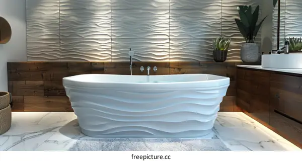 Modern Bathroom with White Bathtub and Wavy Tiles
