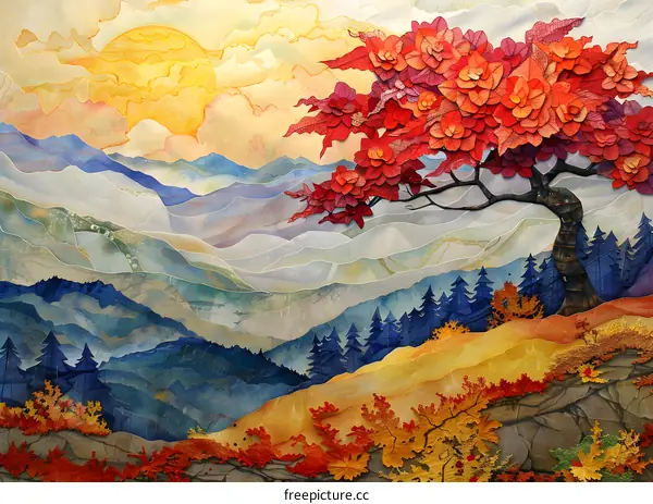 vibrant autumn mountain landscape with red tree