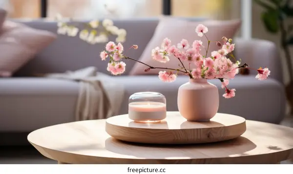 An elegant living room with a vase of cherry blossoms and a candle on a wooden table