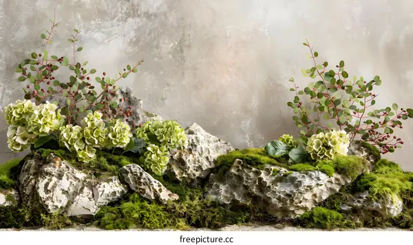 Green Plants and Stones on a Light Grey Background