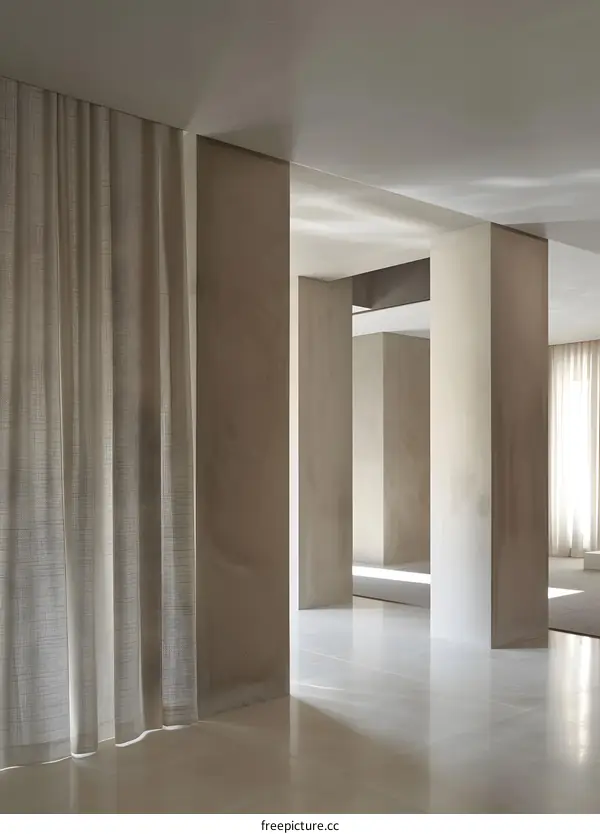 Modern Minimalist Interior Design with White Walls and Beige Curtains